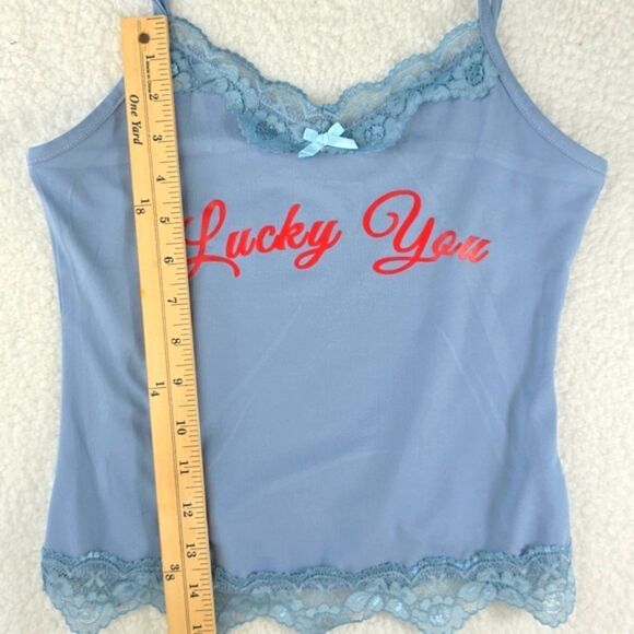 Virghoes Powder Blue Lacy Cami with red text printed Lucky You - Picture 9 of 13
